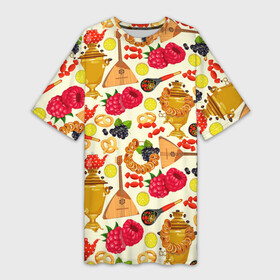 Платье-футболка 3D с принтом Народная кухня в Тюмени,  |  | Тематика изображения на принте: балалайка | еда | малина | малинки | матрешка | на руси | патриот | паттерн | русский | русь | самовар | сушки | тренды | чай | черника