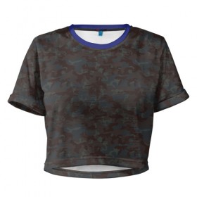 Женская футболка 3D укороченная с принтом Горный камуфляж в Тюмени, 100% полиэстер | круглая горловина, длина футболки до линии талии, рукава с отворотами | военный | коричневый | пятна | серый