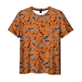 Мужская футболка 3D с принтом Осенний камуфляж в Тюмени, 100% полиэфир | прямой крой, круглый вырез горловины, длина до линии бедер | военный | оронжевый | серый | черный