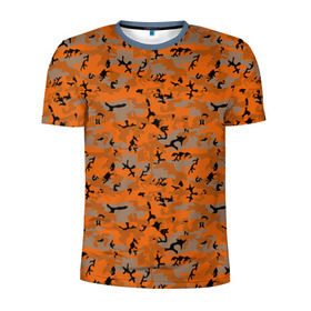 Мужская футболка 3D спортивная с принтом Осенний камуфляж в Тюмени, 100% полиэстер с улучшенными характеристиками | приталенный силуэт, круглая горловина, широкие плечи, сужается к линии бедра | военный | оронжевый | серый | черный