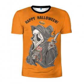 Мужская футболка 3D спортивная с принтом Happy Halloween в Тюмени, 100% полиэстер с улучшенными характеристиками | приталенный силуэт, круглая горловина, широкие плечи, сужается к линии бедра | helloween |  хэллоуин | день всех святых | крик | нож | праздник | ужас | хеллоуин | хеловин | хелоуин