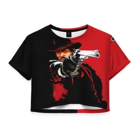 Женская футболка 3D укороченная с принтом Red Dead Redemption в Тюмени, 100% полиэстер | круглая горловина, длина футболки до линии талии, рукава с отворотами | cowboy | game | gun | jim | red dead redemption | rockstar | west | вестерн | дикий запад | игра | ковбой | оружие | пистолет