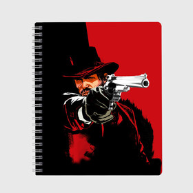Тетрадь с принтом Red Dead Redemption в Тюмени, 100% бумага | 48 листов, плотность листов — 60 г/м2, плотность картонной обложки — 250 г/м2. Листы скреплены сбоку удобной пружинной спиралью. Уголки страниц и обложки скругленные. Цвет линий — светло-серый
 | cowboy | game | gun | jim | red dead redemption | rockstar | west | вестерн | дикий запад | игра | ковбой | оружие | пистолет