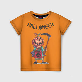 Детская футболка 3D с принтом Тыква с косой в Тюмени, 100% гипоаллергенный полиэфир | прямой крой, круглый вырез горловины, длина до линии бедер, чуть спущенное плечо, ткань немного тянется | halloween | helloween | голова | день всех святых | коса | светильник джека | фонарт джека | хеллоуин | хеловин | хэллоуин