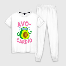 Женская пижама хлопок с принтом Avo-Cardio в Тюмени, 100% хлопок | брюки и футболка прямого кроя, без карманов, на брюках мягкая резинка на поясе и по низу штанин | авокадо | еда | кардио | спорт