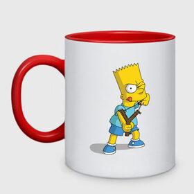 Кружка двухцветная с принтом Bart Simpson в Тюмени, керамика | объем — 330 мл, диаметр — 80 мм. Цветная ручка и кайма сверху, в некоторых цветах — вся внутренняя часть | Тематика изображения на принте: барт | разбойник | рогатка. | симпсоны
