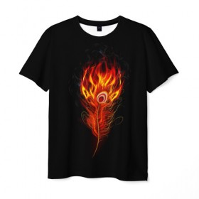 Мужская футболка 3D с принтом Огненное перо в Тюмени, 100% полиэфир | прямой крой, круглый вырез горловины, длина до линии бедер | fire | flame | in fire | smoke | в огне | дым | огненное перо | огненный | огонь