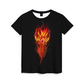 Женская футболка 3D с принтом Огненное перо в Тюмени, 100% полиэфир ( синтетическое хлопкоподобное полотно) | прямой крой, круглый вырез горловины, длина до линии бедер | fire | flame | in fire | smoke | в огне | дым | огненное перо | огненный | огонь