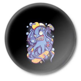 Значок с принтом Octopus Skater в Тюмени,  металл | круглая форма, металлическая застежка в виде булавки | Тематика изображения на принте: octopus skater | осьминог | скейт | спорт