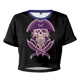 Женская футболка 3D укороченная с принтом Пират в Тюмени, 100% полиэстер | круглая горловина, длина футболки до линии талии, рукава с отворотами | bones | buccaneer | corsair | filibuster | freebooter | picaroon | pirate | rover | голова | кости | пират | скелет | череп