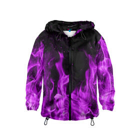 Детская ветровка 3D с принтом Фиолетовый огонь в Тюмени, 100% полиэстер | подол и капюшон оформлены резинкой с фиксаторами, по бокам два кармана без застежек, один потайной карман на груди | лиловый | пламя | яркий