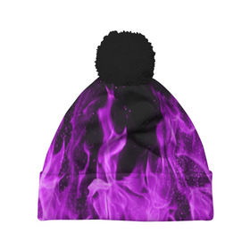 Шапка 3D c помпоном с принтом Фиолетовый огонь в Тюмени, 100% полиэстер | универсальный размер, печать по всей поверхности изделия | лиловый | пламя | яркий