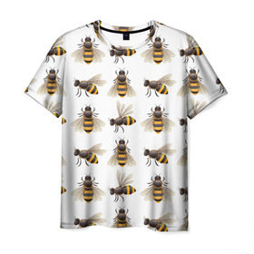 Мужская футболка 3D с принтом Пчелы в Тюмени, 100% полиэфир | прямой крой, круглый вырез горловины, длина до линии бедер | белый | желтый | крылья | мед | черный