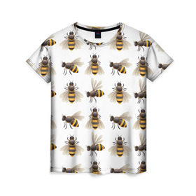 Женская футболка 3D с принтом Пчелы в Тюмени, 100% полиэфир ( синтетическое хлопкоподобное полотно) | прямой крой, круглый вырез горловины, длина до линии бедер | белый | желтый | крылья | мед | черный