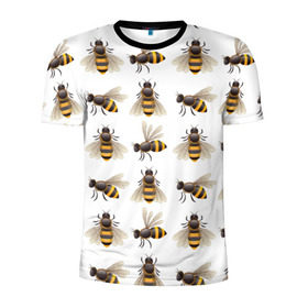 Мужская футболка 3D спортивная с принтом Пчелы в Тюмени, 100% полиэстер с улучшенными характеристиками | приталенный силуэт, круглая горловина, широкие плечи, сужается к линии бедра | белый | желтый | крылья | мед | черный