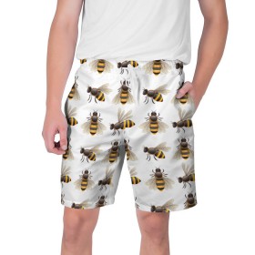 Мужские шорты 3D с принтом Пчелы в Тюмени,  полиэстер 100% | прямой крой, два кармана без застежек по бокам. Мягкая трикотажная резинка на поясе, внутри которой широкие завязки. Длина чуть выше колен | белый | желтый | крылья | мед | черный