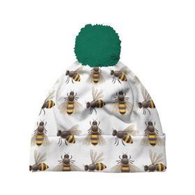 Шапка 3D c помпоном с принтом Пчелы в Тюмени, 100% полиэстер | универсальный размер, печать по всей поверхности изделия | белый | желтый | крылья | мед | черный