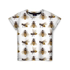 Детская футболка 3D с принтом Пчелы в Тюмени, 100% гипоаллергенный полиэфир | прямой крой, круглый вырез горловины, длина до линии бедер, чуть спущенное плечо, ткань немного тянется | белый | желтый | крылья | мед | черный