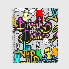 Тетрадь с принтом Graffiti в Тюмени, 100% бумага | 48 листов, плотность листов — 60 г/м2, плотность картонной обложки — 250 г/м2. Листы скреплены сбоку удобной пружинной спиралью. Уголки страниц и обложки скругленные. Цвет линий — светло-серый
 | Тематика изображения на принте: break | dance | graffiti | hip hop | rap | граффити | рэп | скейтборд | хип хоп