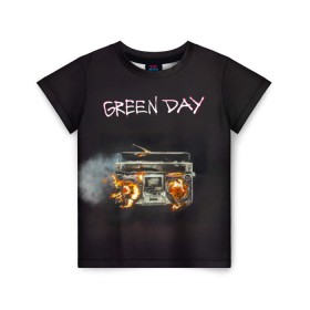 Детская футболка 3D с принтом Green Day магнитофон в огне в Тюмени, 100% гипоаллергенный полиэфир | прямой крой, круглый вырез горловины, длина до линии бедер, чуть спущенное плечо, ткань немного тянется | Тематика изображения на принте: american idiot | green day | альтернативный | билли джо армстронг | грин дей | группа | зелёный день | майк дёрнт | музыка | панк | поп | поппанк | рок | тре кул