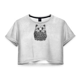 Женская футболка 3D укороченная с принтом Лесной Медведь в Тюмени, 100% полиэстер | круглая горловина, длина футболки до линии талии, рукава с отворотами | грибы | деревья | лес | лето | листья | мишка | осень | серый | хвоя | цветы | шишки | ягоды