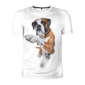 Мужская футболка 3D спортивная с принтом Боксер в Тюмени, 100% полиэстер с улучшенными характеристиками | приталенный силуэт, круглая горловина, широкие плечи, сужается к линии бедра | Тематика изображения на принте: боксер | друг | дружба | животное | пес | собака