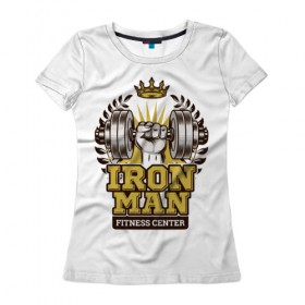 Женская футболка 3D с принтом IRONMAN в Тюмени, 100% полиэфир ( синтетическое хлопкоподобное полотно) | прямой крой, круглый вырез горловины, длина до линии бедер | железо | зал | сила золото | спорт