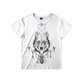 Детская футболка 3D с принтом Этно волк в Тюмени, 100% гипоаллергенный полиэфир | прямой крой, круглый вырез горловины, длина до линии бедер, чуть спущенное плечо, ткань немного тянется | амулет | волк | животное | перо | этнические