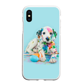 Чехол для iPhone XS Max матовый с принтом Юный художник в Тюмени, Силикон | Область печати: задняя сторона чехла, без боковых панелей | animal | dog | дог | долматинец | друг | краски | собака | художник | щенок