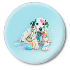 Значок с принтом Юный художник в Тюмени,  металл | круглая форма, металлическая застежка в виде булавки | animal | dog | дог | долматинец | друг | краски | собака | художник | щенок