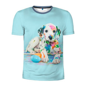 Мужская футболка 3D спортивная с принтом Юный художник в Тюмени, 100% полиэстер с улучшенными характеристиками | приталенный силуэт, круглая горловина, широкие плечи, сужается к линии бедра | animal | dog | дог | долматинец | друг | краски | собака | художник | щенок