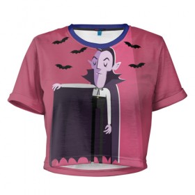 Женская футболка 3D укороченная с принтом Дракула в Тюмени, 100% полиэстер | круглая горловина, длина футболки до линии талии, рукава с отворотами | Тематика изображения на принте: dracula | halloween | helloween | вампир | день всех святых | детям | для детей | хеллоуин | хеловин | хэллоуин