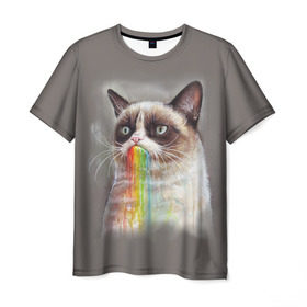 Мужская футболка 3D с принтом Grumpy Cat в Тюмени, 100% полиэфир | прямой крой, круглый вырез горловины, длина до линии бедер | Тематика изображения на принте: animal | cat | grumpy cat | животное | кот | котенок | кошка | радуга
