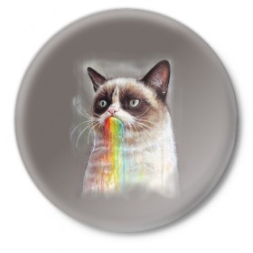 Значок с принтом Grumpy Cat в Тюмени,  металл | круглая форма, металлическая застежка в виде булавки | Тематика изображения на принте: animal | cat | grumpy cat | животное | кот | котенок | кошка | радуга