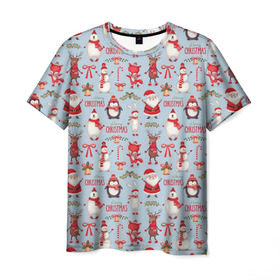 Мужская футболка 3D с принтом Рождественская Милота в Тюмени, 100% полиэфир | прямой крой, круглый вырез горловины, длина до линии бедер | дед мороз | заяц | колокольчик | лиса | лисичка | медведь | олень | омела | пингвин | санта клаус