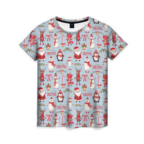 Женская футболка 3D с принтом Рождественская Милота в Тюмени, 100% полиэфир ( синтетическое хлопкоподобное полотно) | прямой крой, круглый вырез горловины, длина до линии бедер | дед мороз | заяц | колокольчик | лиса | лисичка | медведь | олень | омела | пингвин | санта клаус