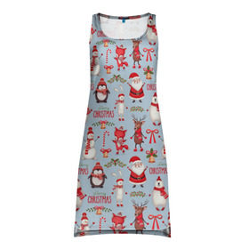 Платье-майка 3D с принтом Рождественская Милота в Тюмени, 100% полиэстер | полуприлегающий силуэт, широкие бретели, круглый вырез горловины, удлиненный подол сзади. | дед мороз | заяц | колокольчик | лиса | лисичка | медведь | олень | омела | пингвин | санта клаус