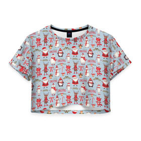 Женская футболка 3D укороченная с принтом Рождественская Милота в Тюмени, 100% полиэстер | круглая горловина, длина футболки до линии талии, рукава с отворотами | дед мороз | заяц | колокольчик | лиса | лисичка | медведь | олень | омела | пингвин | санта клаус