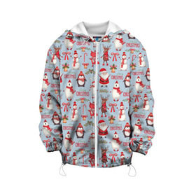Детская куртка 3D с принтом Рождественская Милота в Тюмени, 100% полиэстер | застежка — молния, подол и капюшон оформлены резинкой с фиксаторами, по бокам — два кармана без застежек, один потайной карман на груди, плотность верхнего слоя — 90 г/м2; плотность флисового подклада — 260 г/м2 | Тематика изображения на принте: дед мороз | заяц | колокольчик | лиса | лисичка | медведь | олень | омела | пингвин | санта клаус