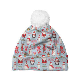 Шапка 3D c помпоном с принтом Рождественская Милота в Тюмени, 100% полиэстер | универсальный размер, печать по всей поверхности изделия | дед мороз | заяц | колокольчик | лиса | лисичка | медведь | олень | омела | пингвин | санта клаус