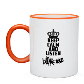 Кружка двухцветная с принтом Keep calm and listen Blink-182 в Тюмени, керамика | объем — 330 мл, диаметр — 80 мм. Цветная ручка и кайма сверху, в некоторых цветах — вся внутренняя часть | Тематика изображения на принте: 