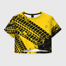 Женская футболка 3D укороченная с принтом Следы покрышек в Тюмени, 100% полиэстер | круглая горловина, длина футболки до линии талии, рукава с отворотами | колесо | отпечаток | покрышка | протектор | след | шина