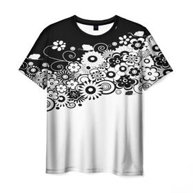 Мужская футболка 3D с принтом Черно-белые цветы в Тюмени, 100% полиэфир | прямой крой, круглый вырез горловины, длина до линии бедер | blossom | flower | garden stuff | green stuff | бабочки | узор | цветочный орнамент | цветы | цеточный узор