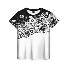 Женская футболка 3D с принтом Черно-белые цветы в Тюмени, 100% полиэфир ( синтетическое хлопкоподобное полотно) | прямой крой, круглый вырез горловины, длина до линии бедер | blossom | flower | garden stuff | green stuff | бабочки | узор | цветочный орнамент | цветы | цеточный узор
