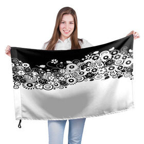 Флаг 3D с принтом Черно-белые цветы в Тюмени, 100% полиэстер | плотность ткани — 95 г/м2, размер — 67 х 109 см. Принт наносится с одной стороны | blossom | flower | garden stuff | green stuff | бабочки | узор | цветочный орнамент | цветы | цеточный узор