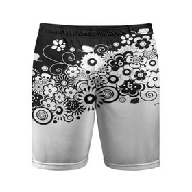 Мужские шорты 3D спортивные с принтом Черно-белые цветы в Тюмени,  |  | blossom | flower | garden stuff | green stuff | бабочки | узор | цветочный орнамент | цветы | цеточный узор