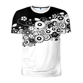 Мужская футболка 3D спортивная с принтом Черно-белые цветы в Тюмени, 100% полиэстер с улучшенными характеристиками | приталенный силуэт, круглая горловина, широкие плечи, сужается к линии бедра | blossom | flower | garden stuff | green stuff | бабочки | узор | цветочный орнамент | цветы | цеточный узор