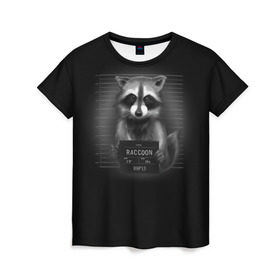 Женская футболка 3D с принтом Енот Преступник в Тюмени, 100% полиэфир ( синтетическое хлопкоподобное полотно) | прямой крой, круглый вырез горловины, длина до линии бедер | raccoon | виновен | полоскун | стражи