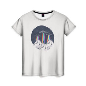 Женская футболка 3D с принтом НЛО в Горах в Тюмени, 100% полиэфир ( синтетическое хлопкоподобное полотно) | прямой крой, круглый вырез горловины, длина до линии бедер | горы | елки | звезды | земля | инопланетяне | небо | ночь | радуга | снег | тарелка | эверест | эльбрус