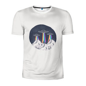 Мужская футболка 3D спортивная с принтом НЛО в Горах в Тюмени, 100% полиэстер с улучшенными характеристиками | приталенный силуэт, круглая горловина, широкие плечи, сужается к линии бедра | Тематика изображения на принте: горы | елки | звезды | земля | инопланетяне | небо | ночь | радуга | снег | тарелка | эверест | эльбрус